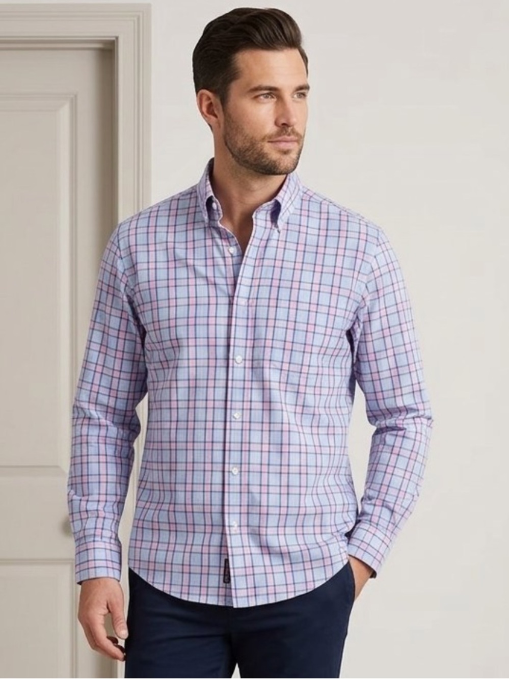 Club Room Men's Plaid Button-Down Dress Shirt Pink/Blue 15.5 Neck 34-35 Sleeve